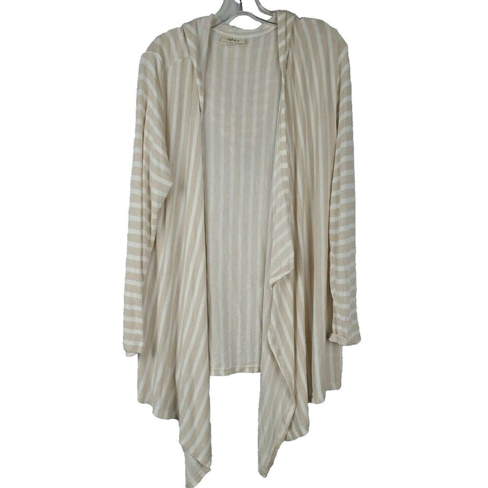 Style & Co Jeans Womens Cascading Cardigan Large Cream Striped Open Hooded